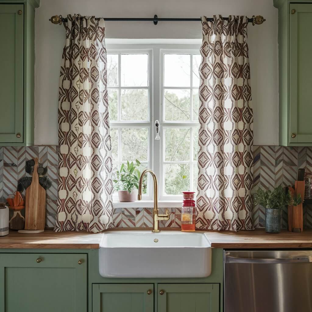 Image of patterned curtains with geometric designs in a bohemian kitchen window.