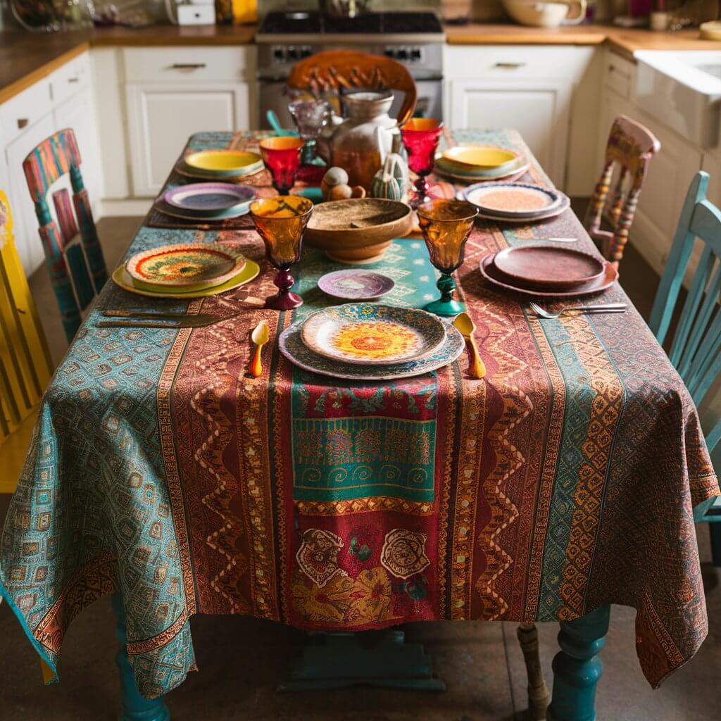 A charming bohemian kitchen table, adorned with a vibrant, patterned tablecloth that exudes eclectic charm. The tablecloth, featuring a riot of colors, showcases intricate designs in rich hues of turquoise, deep reds, sunny yellows, and earthy browns. The patterns blend geometric shapes, floral motifs, and tribal prints, weaving a tapestry of visual interest. Surrounding the table, mismatched chairs display their own unique character, with some painted in bright colors and others showcasing natural wood tones. The table setting is enhanced with an array of eclectic dishware, including hand-painted plates, colorful glassware, and vintage cutlery, all contributing to the bohemian aesthetic. The warm, inviting atmosphere, filled with personality, makes the space an ideal gathering spot for sharing meals and