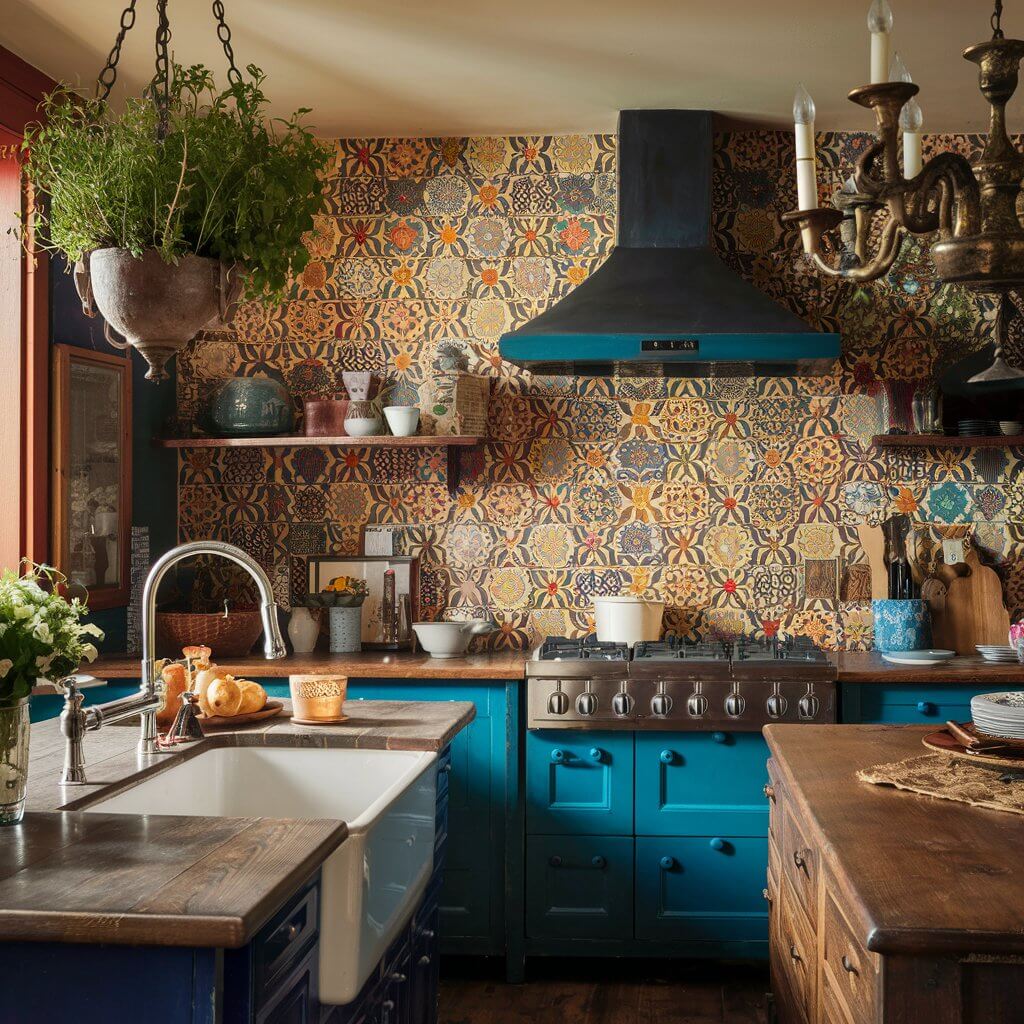 A stunning, eclectic kitchen filled with warm colors and vibrant patterns. The focal point is the intricately designed, patterned tile backsplash that brings an artistic touch to the space. The room is adorned with rustic wooden furnishings, a vintage chandelier, and a large, farmhouse-style sink. A pot of fresh herbs hangs from the ceiling, filling the air with a pleasant aroma. The overall atmosphere of the kitchen is cozy, inviting, and full of character.