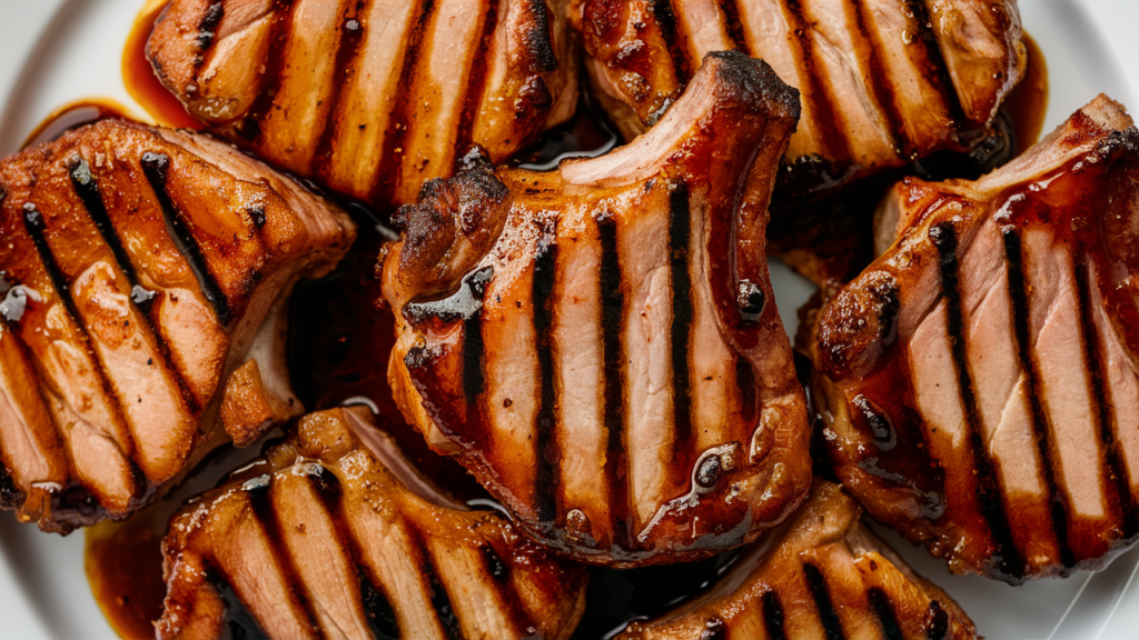 A mouthwatering close-up photo of perfectly cooked pork chops, glazed with a rich and flavorful BBQ sauce, showing off distinct grill
marks. The pork chops are evenly browned, with a slightly crispy exterior and juicy interior, sitting on a clean white plate. The BBQ sauce has a beautiful shine, and its tangy and sweet aroma is irresistible.