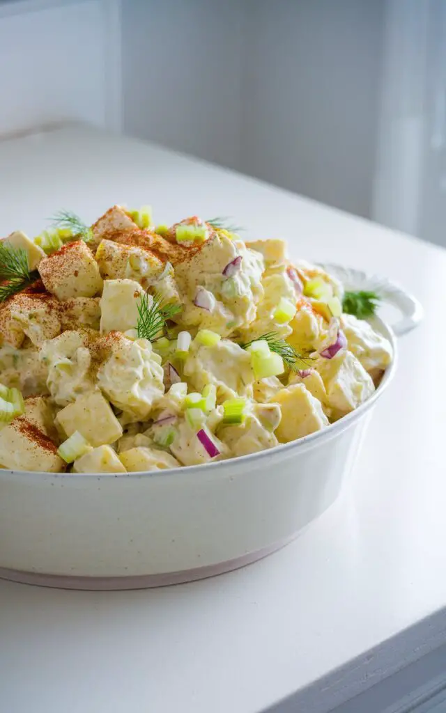 A photo of a large white ceramic bowl filled with creamy potato salad, sitting on a bright plain white kitchen countertop. The salad consists of soft golden potato chunks coated in a velvety blend of mayonnaise and mustard. Finely chopped celery, red onion, and fresh dill are evenly distributed throughout, offering crunch and color. There is a light dusting of paprika on top of the salad. The room is illuminated by the gentle glow of natural light.