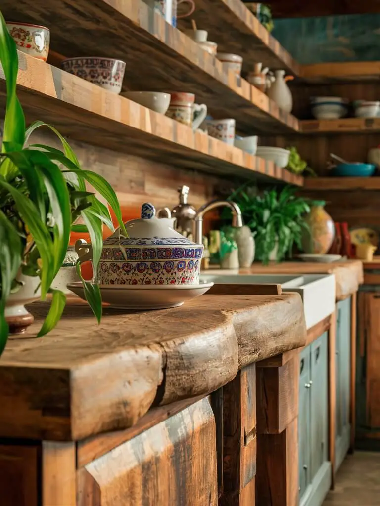 A close-up, artistic shot of a cozy bohemian kitchen, where reclaimed wood countertops and shelves blend harmoniously. The rich, weathered textures of the wood contrast with the eclectic ceramic dishes, adorned with intricate patterns and vibrant colors. Vibrant green plants, placed strategically, add a touch of life and freshness. The ambiance of the kitchen is warm, inviting, and bursting with character, making it a perfect spot for gatherings and conversations.