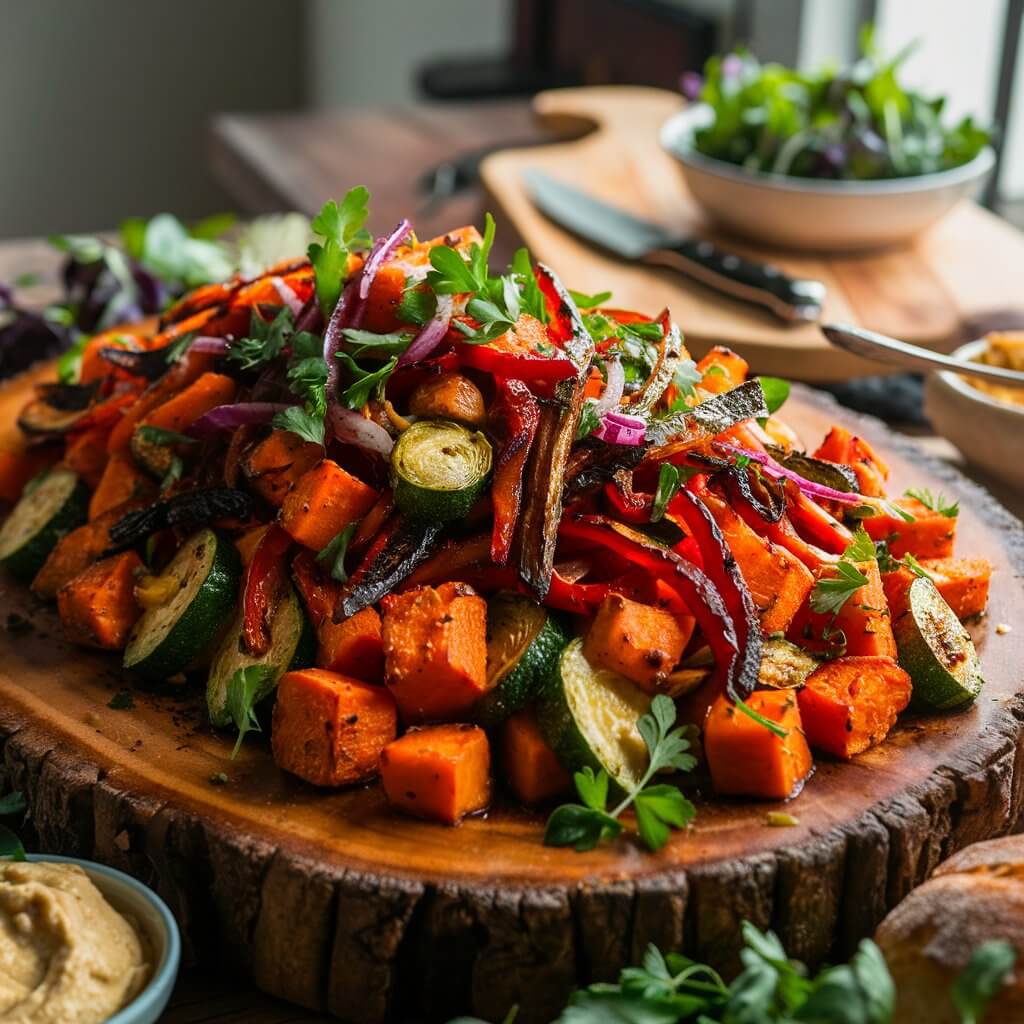 The image showcases a vibrant Roasted Vegetable Salad artfully arranged on a large, rustic wooden platter. The salad is a colorful medley of roasted vegetables, including golden brown sweet potato cubes, charred red bell pepper strips, caramelized Brussels sprouts, and tender zucchini slices. Scattered among the vegetables are roasted red onions, adding a hint of deep purple. Freshly chopped herbs like parsley and basil are sprinkled on top, providing a burst of green freshness.

In the background, there are hints of a cozy kitchen setting, with a soft focus on a cutting board with a chef’s knife and a bowl of mixed greens. A small dish of hummus and a loaf of crusty bread can also be seen, suggesting this salad is part of a hearty meal. The overall ambiance is warm and inviting, with natural light highlighting the textures and colors of the roasted vegetables, making them look incredibly appetizing.