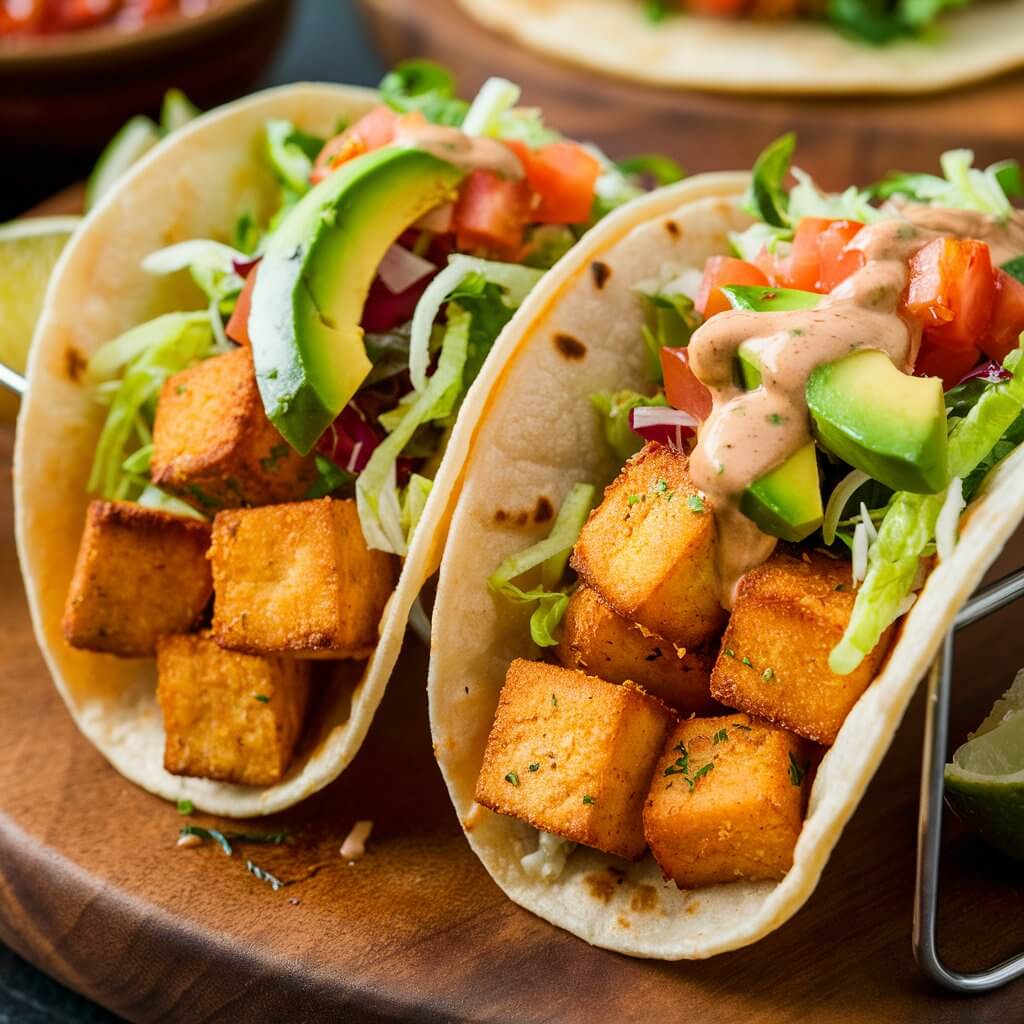 A close-up photograph of two soft corn tortillas filled with golden-brown, crispy tofu cubes seasoned with Mexican spices. The tacos are garnished with vibrant toppings: fresh avocado slices, diced tomatoes, shredded lettuce, and drizzled with creamy vegan chipotle sauce. The background shows a wooden serving board with additional tacos, a bowl of salsa, and lime wedges, adding a colorful and appetizing touch to the scene.