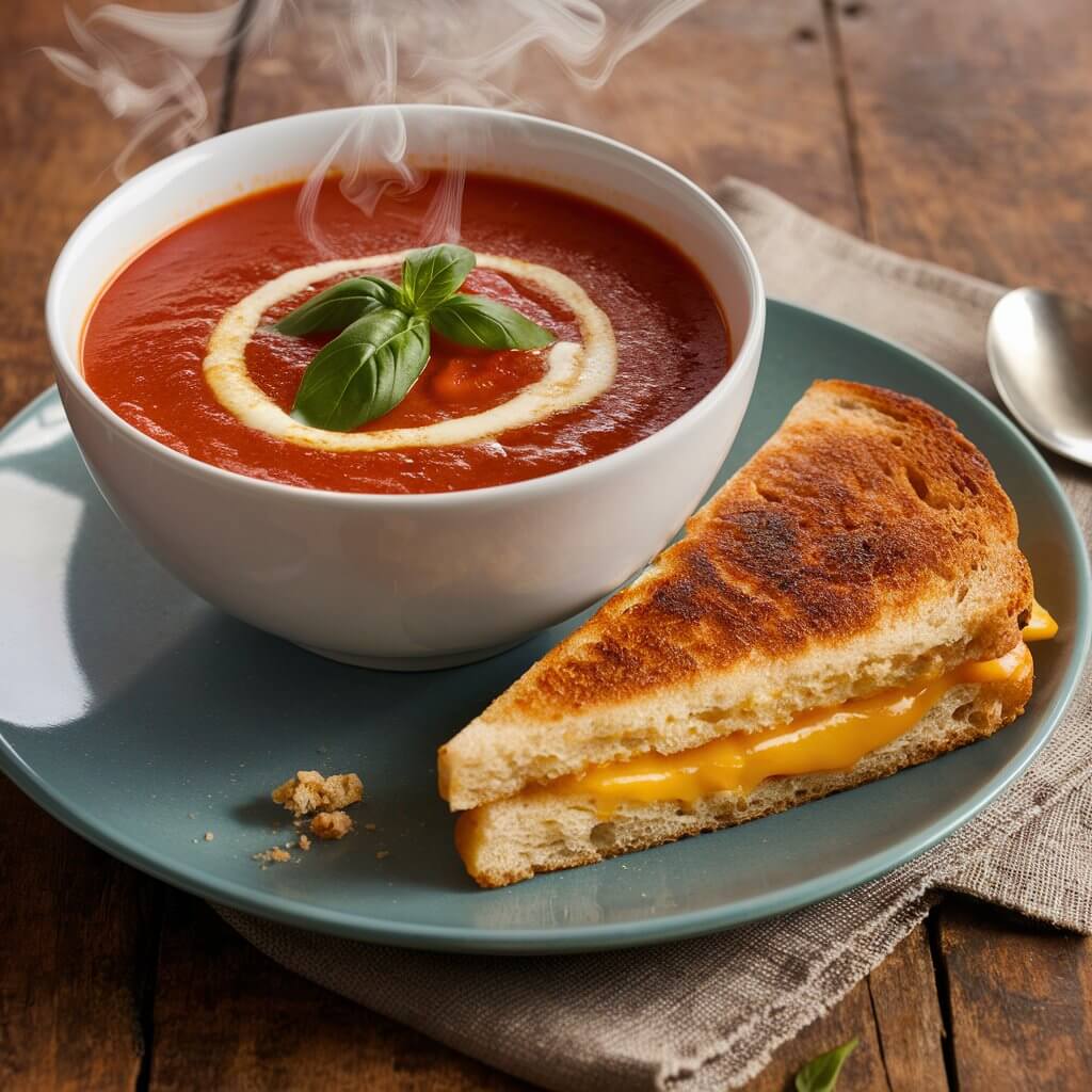 A steaming bowl of Tomato Basil Soup sits at the center of a rustic wooden table. The soup is a rich, velvety red, garnished with a swirl of cream and a sprinkle of fresh, bright green basil leaves. Next to the bowl, a perfectly golden-brown grilled cheese sandwich is sliced diagonally, its melted cheddar cheese oozing slightly from the crisp, buttery edges. The plate holding the sandwich has a few crumbs scattered around, hinting at its crispiness. The scene is completed with a simple linen napkin and a silver spoon, inviting you to take a comforting, hearty bite.