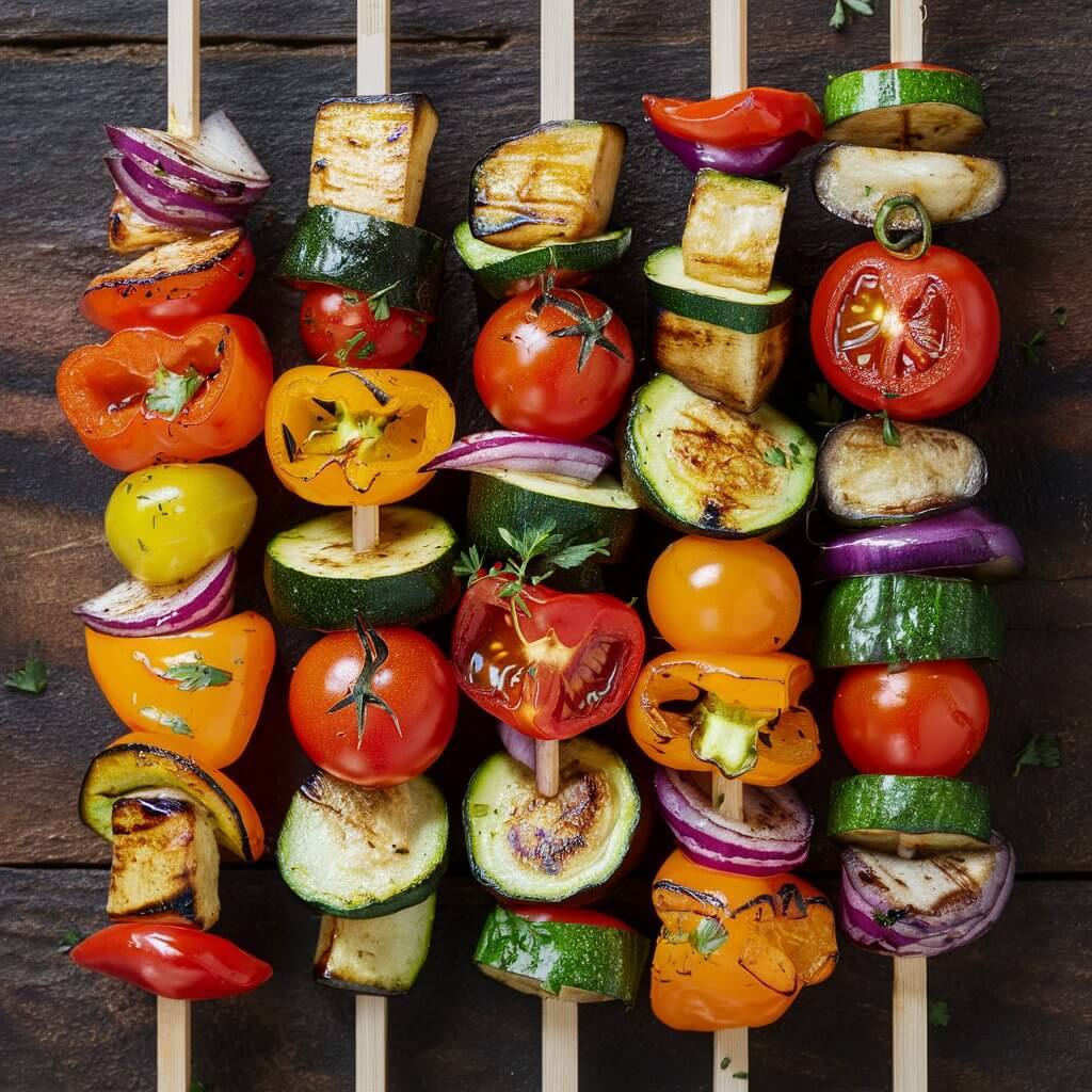 Vegetable kebabs arranged on a wooden skewer, showcasing a vibrant array of grilled vegetables including colorful bell peppers, juicy cherry tomatoes, slices of zucchini and eggplant, interspersed with chunks of red onion. The vegetables are lightly charred, emanating a tempting aroma, with a sprinkle of fresh herbs on top, set against a rustic wooden background.