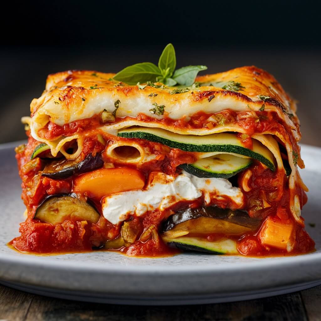 The image showcases a beautifully plated slice of vegetable lasagna, oozing with layers of rich, vibrant colors and textures. The top layer is perfectly browned and slightly crisp, with golden-brown cheese that has melted and bubbled to create an enticing crust. Tiny flecks of herbs are visible, hinting at the fresh basil and oregano sprinkled on top.

Beneath the cheesy surface, the layers reveal themselves: a mix of thin, tender lasagna noodles interspersed with a hearty medley of vegetables. Bright green zucchini slices, orange carrot shreds, and deep purple eggplant pieces are interwoven with rich, red tomato sauce. The sauce appears thick and chunky, with visible bits of tomatoes and garlic, promising a burst of flavor.

Between the layers of vegetables and noodles, creamy ricotta cheese peeks out, its white, fluffy texture contrasting with the vibrant vegetables. The ricotta is speckled with fresh herbs, adding a touch of green to the creamy layer.

The lasagna sits on a white plate, with a garnish of fresh basil leaves adding a pop of green freshness to the dish. Around the lasagna, a drizzle of extra tomato sauce has been artfully placed, enhancing the visual appeal and hinting at the delicious flavors to come.

In the background, a wooden table and a glass of red wine can be seen, complementing the rustic and hearty nature of the vegetable lasagna. The overall presentation is inviting and mouth-watering, making it an irresistible dish for any lover of Italian cuisine.