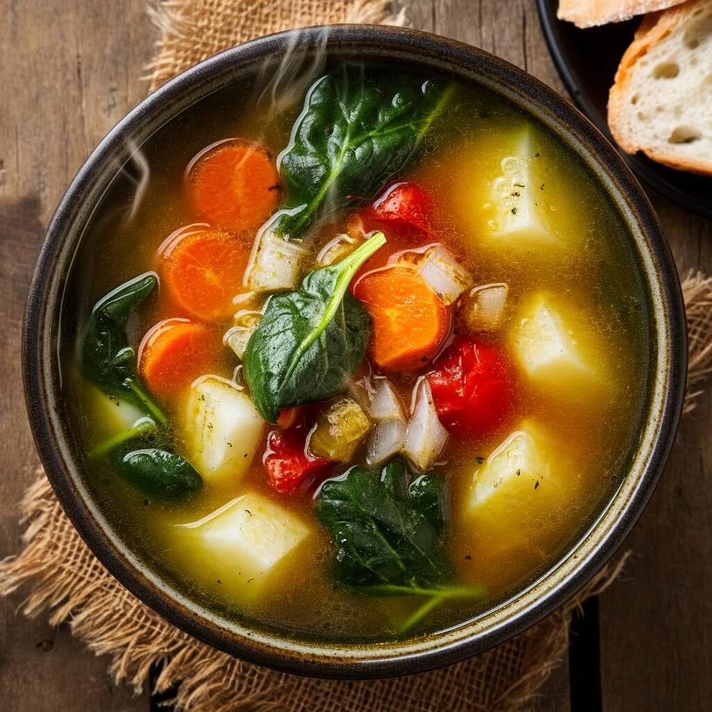 A hearty bowl of vegetable soup sits steaming on a rustic wooden table. The soup is a vibrant medley of colors: rich orange carrots, deep green spinach leaves, bright red tomatoes, and chunks of creamy white potatoes and onions. The broth is clear and aromatic, with hints of herbs and spices. A few slices of crusty bread rest on a side plate, ready to be dipped into the savory goodness. The scene is warm and inviting, evoking comfort and nourishment.