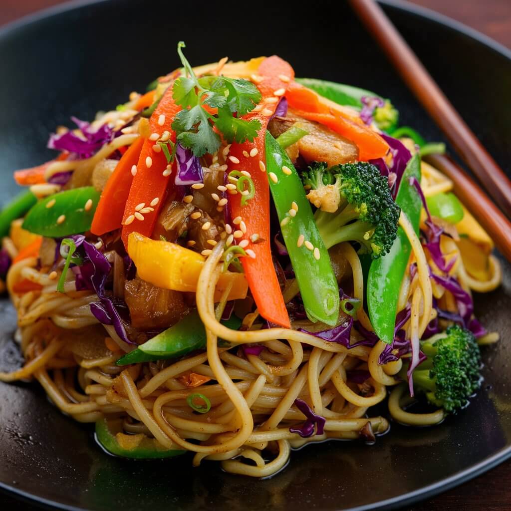 A mouthwatering photo of a delectable vegetable stir-fry noodle dish. The perfectly cooked noodles are intertwined with a vibrant assortment of vegetables, including carrots, broccoli, sugar snap peas, red cabbage, and bell peppers. The dish exudes an inviting warmth, with a touch of elegance from the toasted sesame seeds and green onions. The wooden chopsticks on the side beckon the viewer to indulge in this delightful medley of flavors and textures.