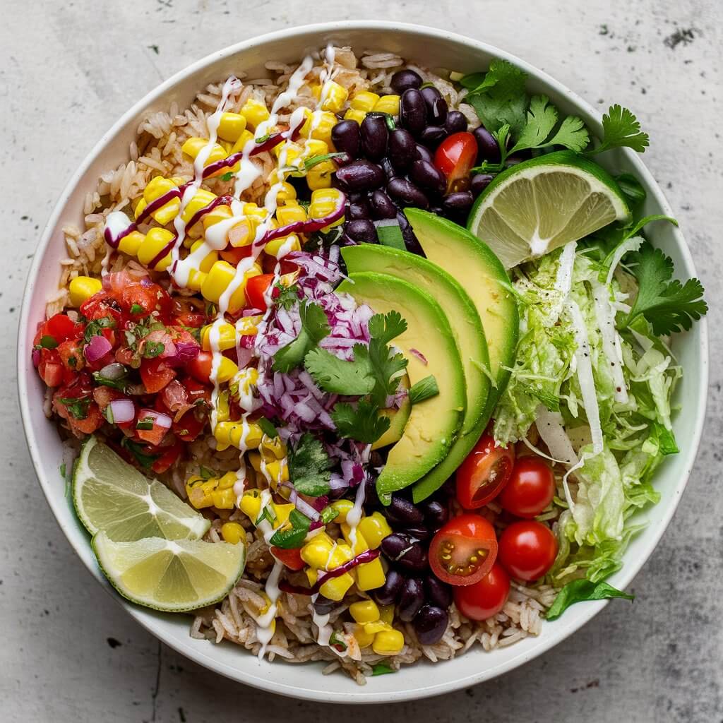 A vibrant veggie burrito bowl brimming with colorful, fresh ingredients. The base is a bed of fluffy brown rice, topped with a medley of black beans, sweet corn, and juicy cherry tomatoes. Slices of creamy avocado fan out alongside crisp, shredded lettuce and a sprinkle of chopped red onions. A dollop of tangy salsa and a drizzle of zesty lime crema add a burst of flavor. Garnished with fresh cilantro and a wedge of lime, this bowl is a feast for the eyes and the palate.