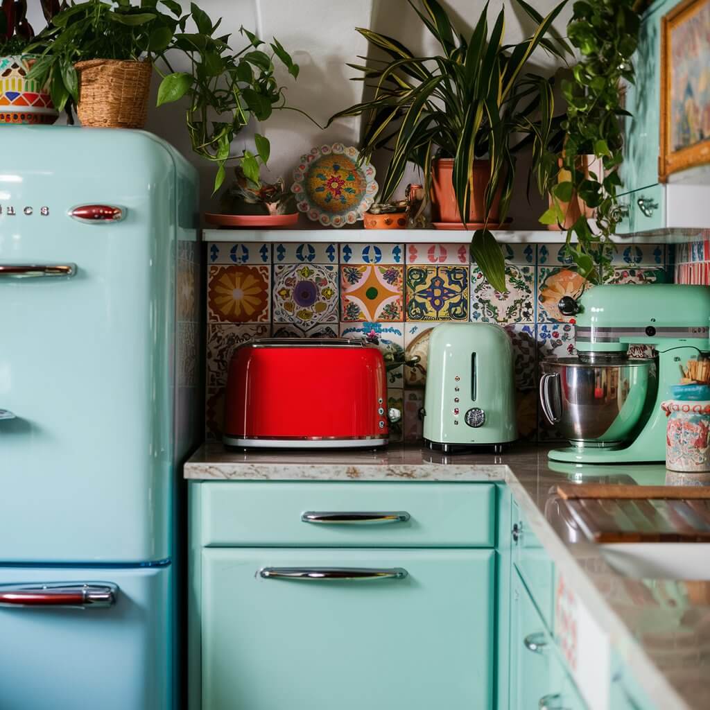 a close-up shot of An image of a bohemian kitchen featuring vintage-inspired appliances in vibrant colors, such as a pastel blue refrigerator, a bright red toaster, and a mint green mixer. The kitchen is adorned with eclectic decorations, colorful tiles, and an assortment of potted plants, creating a cozy and lively atmosphere.