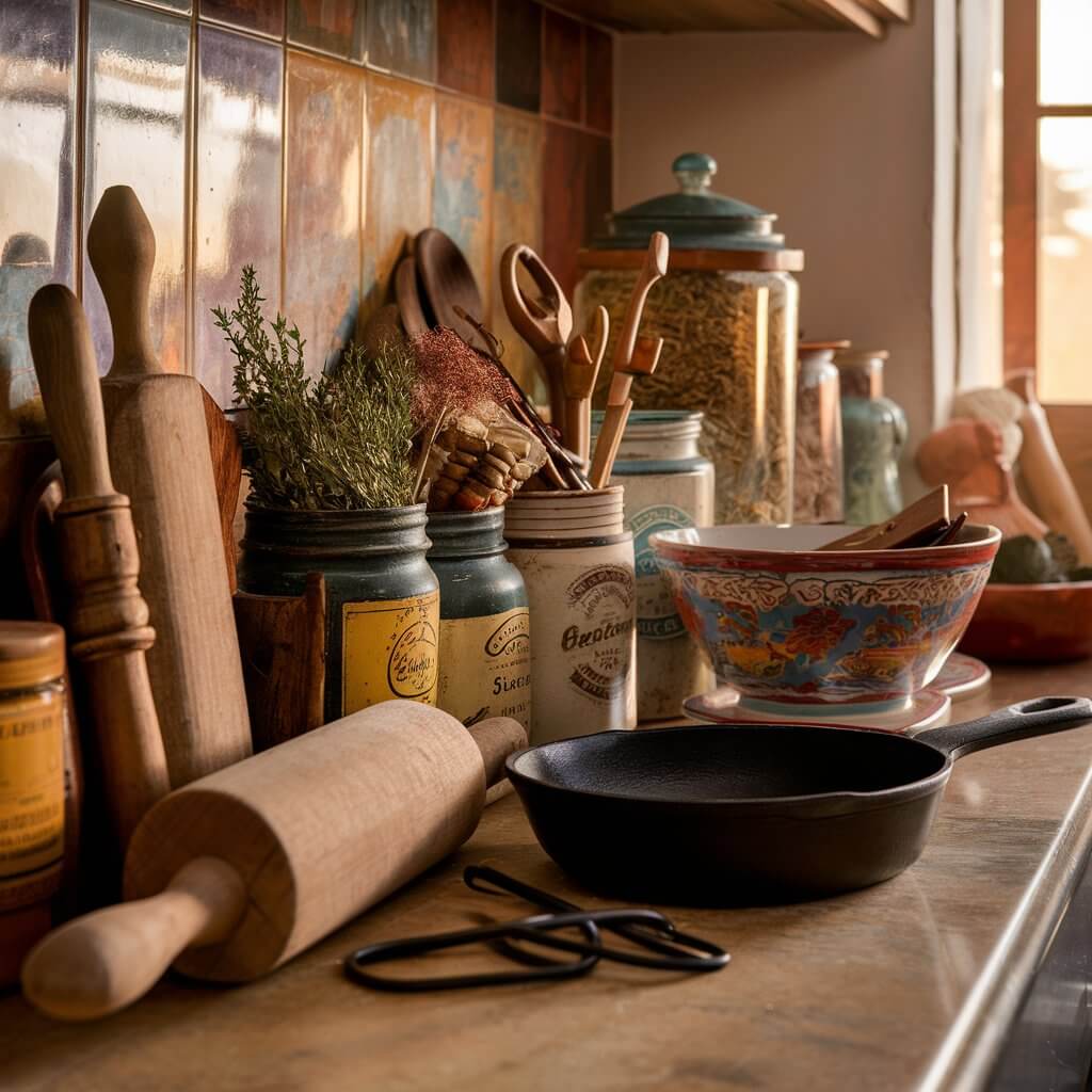 A stunning close-up shot of a bohemian kitchen, featuring an array of vintage kitchen tools and antique jars that have been repurposed as decor. The tools include a rustic wooden rolling pin, a cast iron skillet, and a colorful ceramic bowl. The antique jars are filled with dried herbs, spices, and other kitchen staples. The background showcases a beautifully worn, tiled kitchen backsplash, and the warm, golden light from a nearby window illuminates the scene.