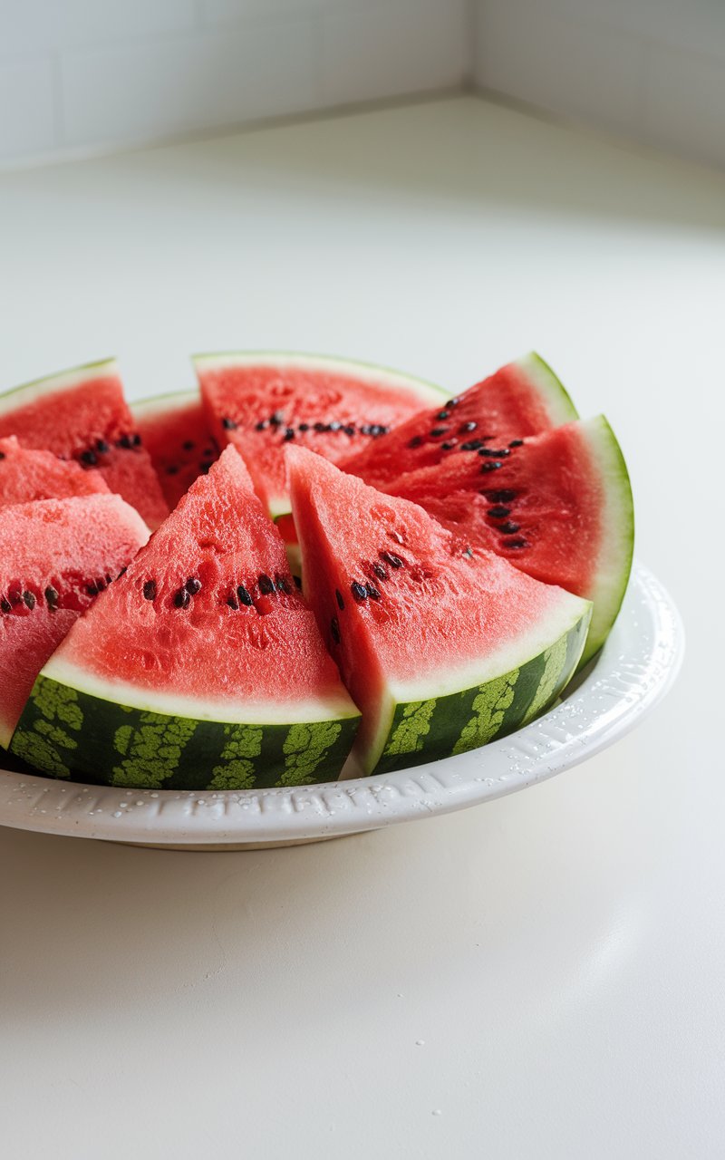 A photo of a large white ceramic platter with thick wedges of chilled watermelon. The watermelon has a vibrant red flesh speckled with glistening black seeds. The rind's deep green outer edge contrasts the bright red and white of the inner fruit. There are droplets of condensation on the platter. The platter is placed on a bright plain white kitchen countertop. The background is clean and simple.