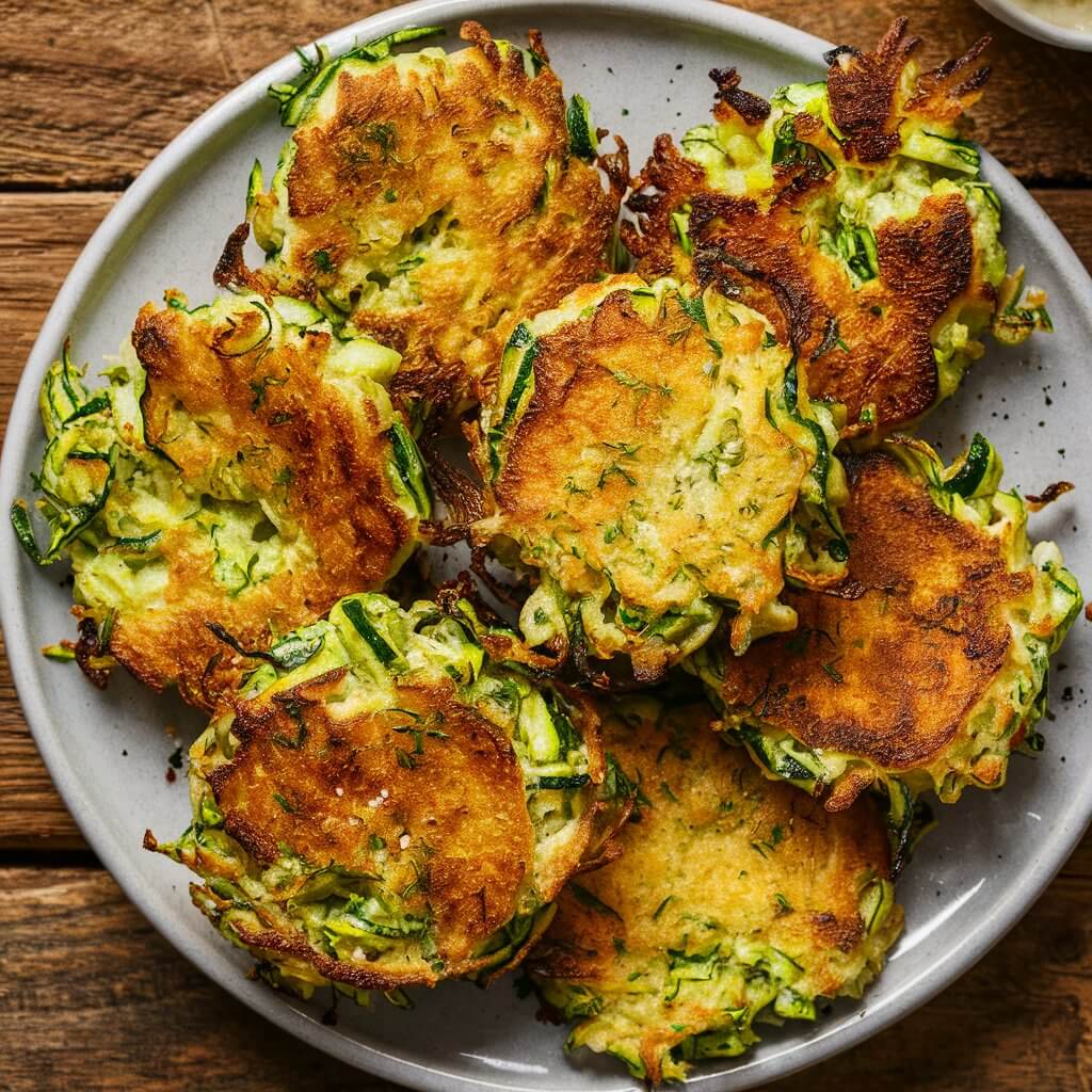 A plate of golden-brown zucchini fritters is artfully arranged on a rustic wooden table. The fritters are circular and slightly irregular in shape, with crispy, crunchy edges that hint at a perfect fry. The texture is visibly crispy on the outside, showcasing a beautifully browned, almost lacy appearance.

The interior of the fritters peeks through some of the edges, revealing a moist and tender mix of grated zucchini, flecked with green from the zucchini skin, and tiny specks of herbs, likely parsley or dill. The fritters are garnished with a light sprinkle of sea salt and freshly ground black pepper, adding to their appetizing look.

A small bowl of creamy dipping sauce, possibly tzatziki or a garlic aioli, is placed beside the fritters, invitingly garnished with a sprig of fresh herb and a drizzle of olive oil. Fresh lemon wedges are scattered around the plate, suggesting a squeeze of citrus to brighten the flavors.

In the background, a bunch of fresh zucchini and a scattering of fresh herbs add a touch of greenery and freshness to the scene, emphasizing the farm-to-table quality of the dish.