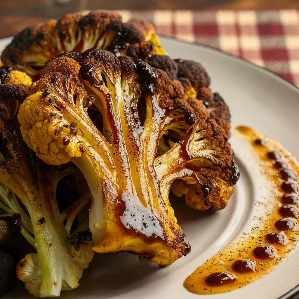 A mouthwatering close-up of perfectly grilled BBQ cauliflower steaks, with slightly charred edges and a glistening, sticky sauce. The side of the plate features an artistic arrangement of a dipping sauce, which appears to be made of a harmonious blend of spices and herbs. The background is a rustic wooden table with a checkered tablecloth, creating a warm and inviting atmosphere.