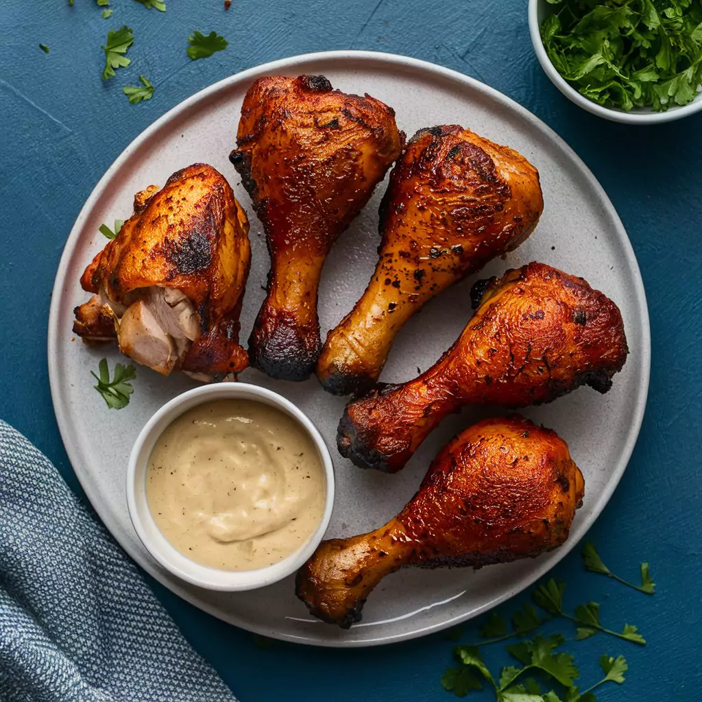 Grilled BBQ chicken drumsticks on a serving plate served a sauce for dipping.