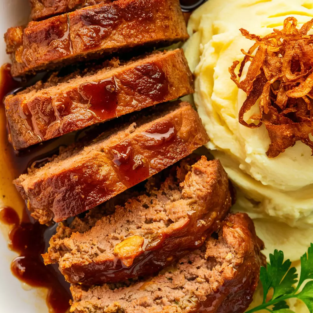 A scrumptious plate of BBQ meatloaf slices, with each piece having a perfect golden crust. The meatloaf is accompanied by a generous side of creamy mashed potatoes, topped with a sprinkle of crispy fried onions. The overall presentation is warm and inviting, garnished with a sprig of fresh parsley and a drizzle of BBQ sauce. The scene exudes comfort and the aroma of a home-cooked meal.