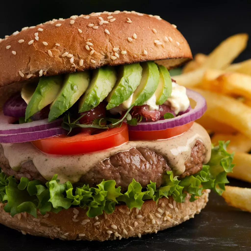 A mouthwatering, close-up photograph of a juicy turkey burger nestled between two slices of a toasted whole grain bun. The burger is adorned with an array of fresh toppings, including crisp lettuce, ripe tomato slices, red onion rings, and a generous dollop of creamy avocado. A side of golden, crispy french fries is seen in the background, adding to the appeal of this delectable, health-conscious meal.