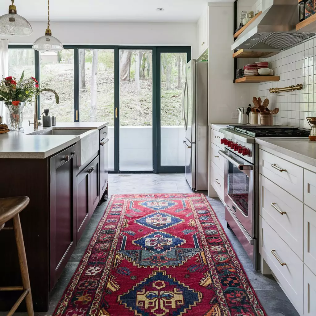 Image of a bohemian kitchen with a vintage rug featuring bold patterns and rich colors on the floor.