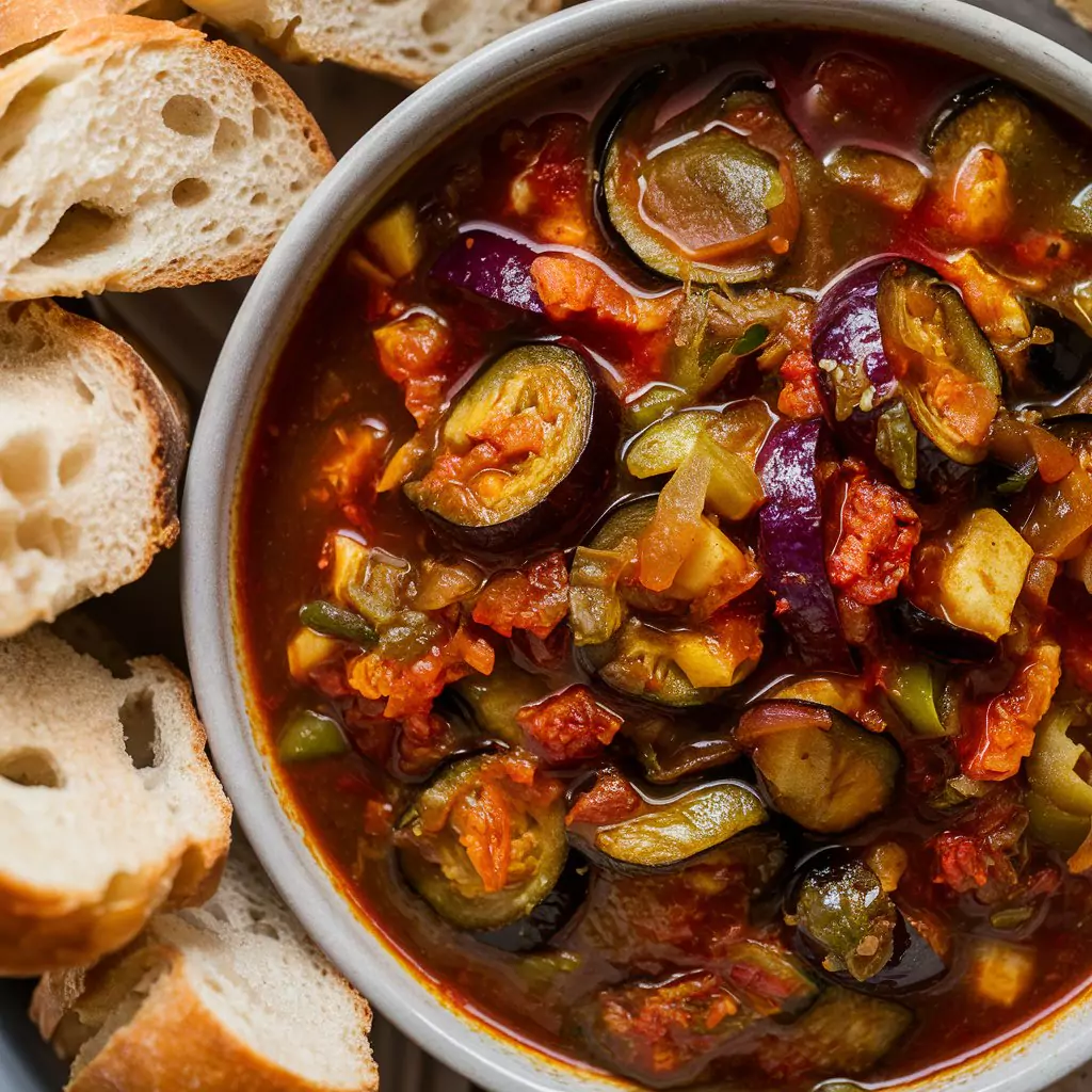 A mouthwatering image of a hearty Sicilian caponata, featuring a bowl brimming with a rich, tangy eggplant stew. The stew is a vibrant mix of deep purples, reds, and greens, cooked to perfection with a slight sheen. Accompanying the stew are slices of freshly baked, golden-brown bread, ready to be dipped into the delicious medley. The overall atmosphere exudes warmth and comfort, perfect for a family meal or a cozy dinner party.