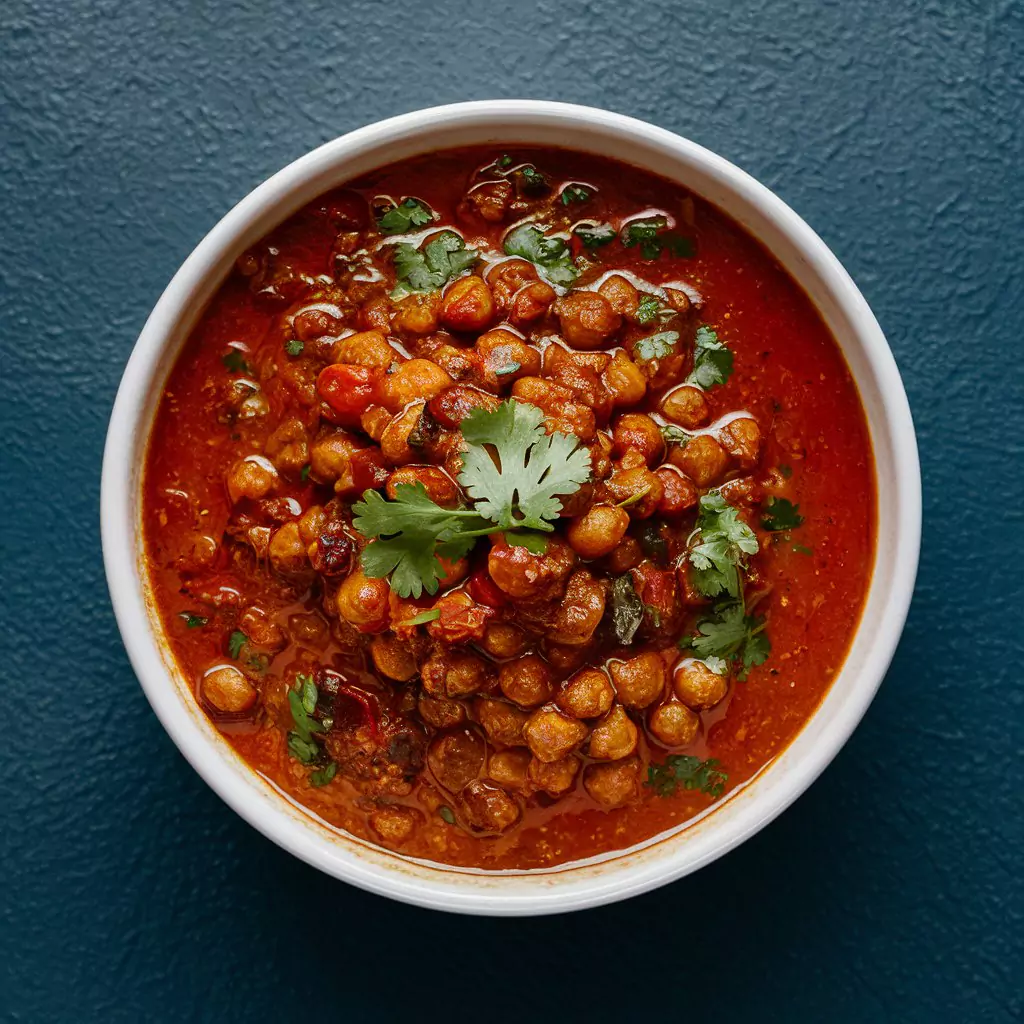 Chana Masala: A bowl of spicy chana masala garnished with fresh cilantro.