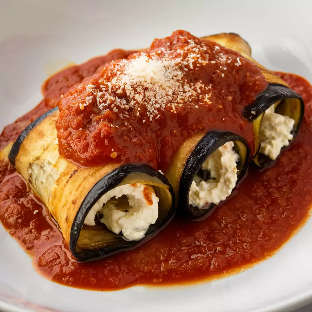 A scrumptious and beautifully presented dish of Eggplant Rollatini. The dish features golden-brown eggplant slices, delicately rolled and filled with a creamy ricotta cheese mixture. Atop the rolls, a generous helping of rich and tangy marinara sauce is drizzled, with a sprinkle of grated Parmesan cheese to add that extra touch of flavor. The overall presentation is appetizing and enticing, making one's mouth water at the sight.