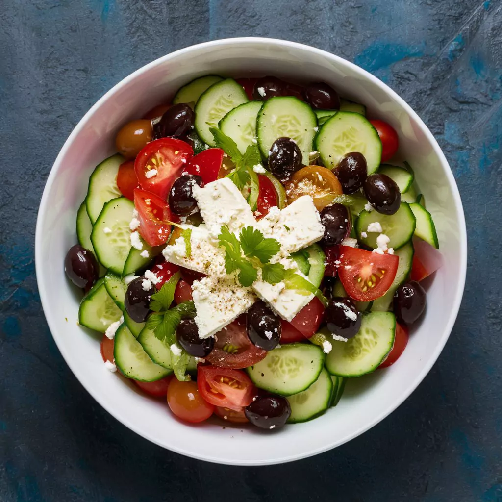 Greek Salad: A vibrant Greek salad with cucumbers, tomatoes, olives, and feta cheese.