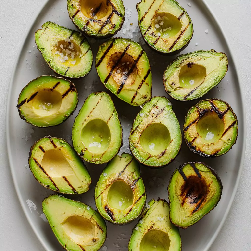 A visually appealing plate of grilled avocado halves, delicately seasoned with a sprinkle of salt. The avocados are perfectly grilled with charred marks, while the insides remain creamy and green. The halves are arranged artfully on a simple white plate, exuding a sense of freshness and simplicity. The aroma of the grilled avocado fills the air, tempting the senses and inviting a taste of the wholesome, healthy meal.