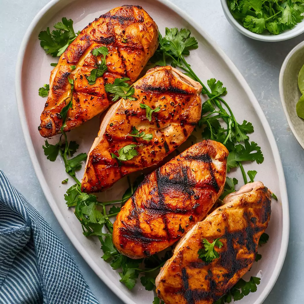 Marinated grilled chicken breasts on a serving platter.