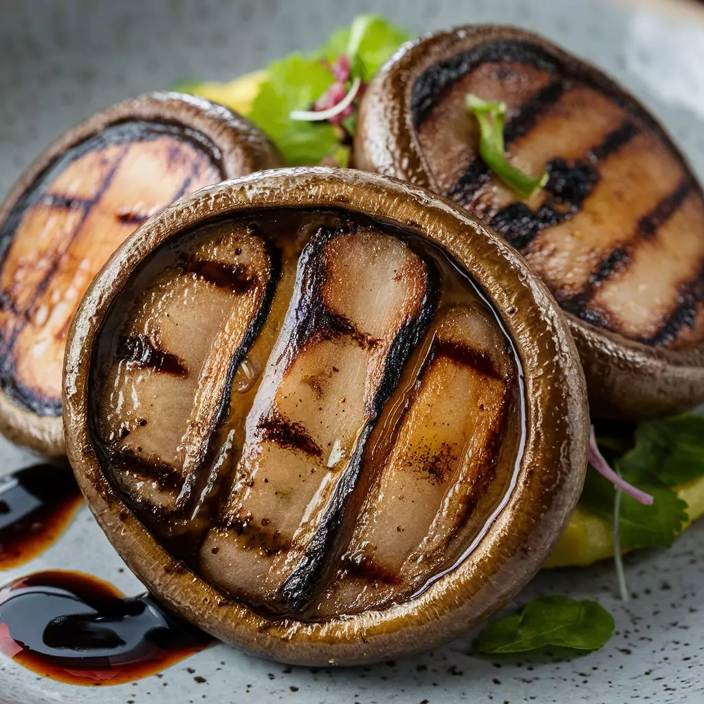 A mouthwatering, delicious appetizer of perfectly grilled Portobello mushrooms. The mushroom caps are large, with distinct grill marks, indicating they were cooked to perfection. They sit atop a plate adorned with a vibrant garnish, and a side of tangy balsamic glaze adds a pop of color. The overall presentation is simple yet elegant, with an emphasis on the plump, juicy mushrooms that beckon to be devoured.