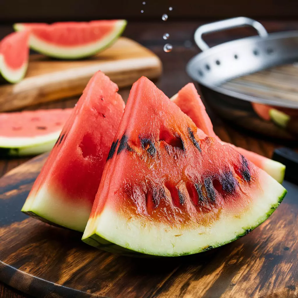 A mouth-watering image of grilled watermelon wedges, slightly charred, revealing a perfect balance of smokiness and sweetness. The watermelon's vibrant red and green hues are accentuated by the golden grill marks. In the background, a wooden cutting board and a stainless steel grill pan create a summery atmosphere, while a few drops of dew hint at the freshness of the watermelon. A perfect summer treat that tantalizes the senses.