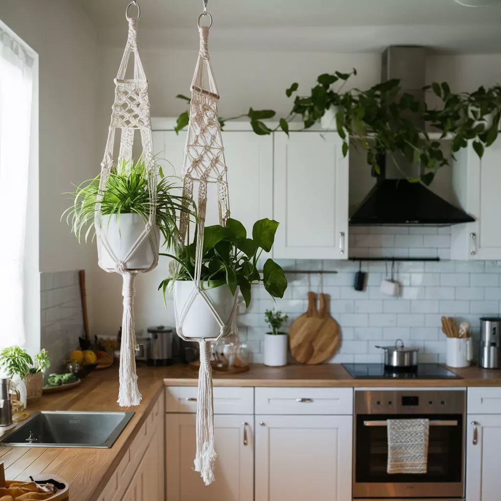 Image of macramé plant hangers with lush greenery hanging in a bohemian kitchen.