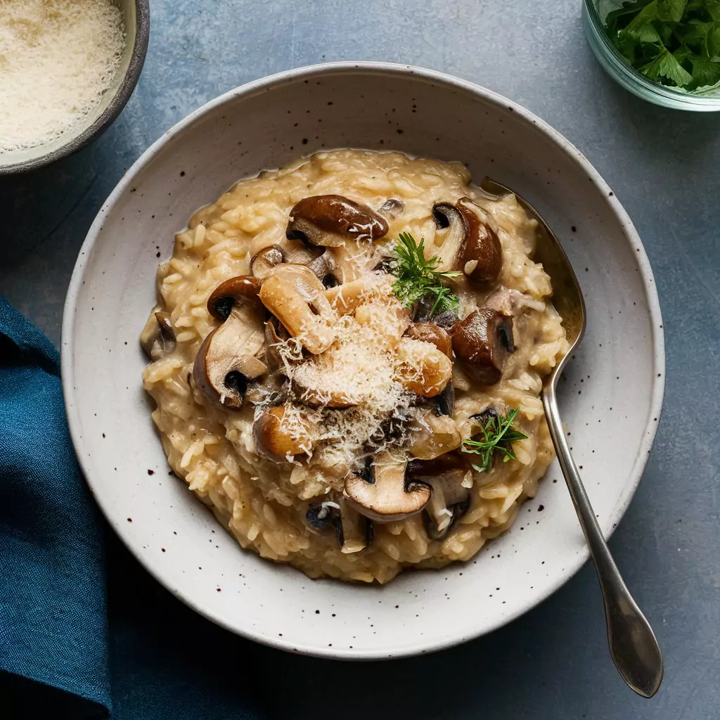 Mushroom Risotto: A bowl of creamy mushroom risotto with grated Parmesan on top.