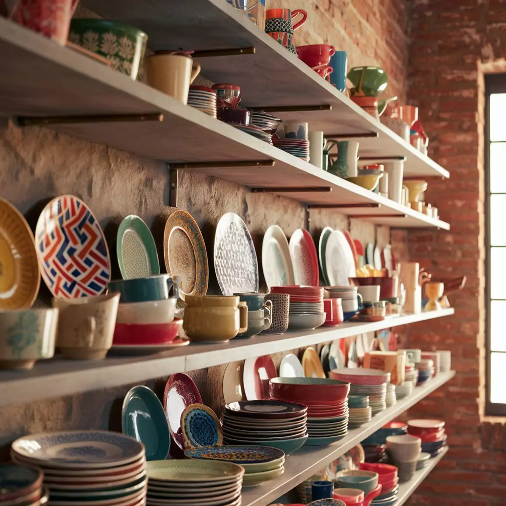 A stunning, vibrant image of a bohemian kitchen showcasing open shelving filled with an array of colorful, eclectic dishware. The shelves are adorned with mismatched plates, cups, and bowls in various shapes, sizes, and patterns. The dishware ranges from bold geometric patterns to delicate floral designs, creating a lively and eclectic atmosphere. The background features a rustic, exposed brick wall, giving the space a cozy and charming feel, while the warm, natural light filters in through a nearby window.