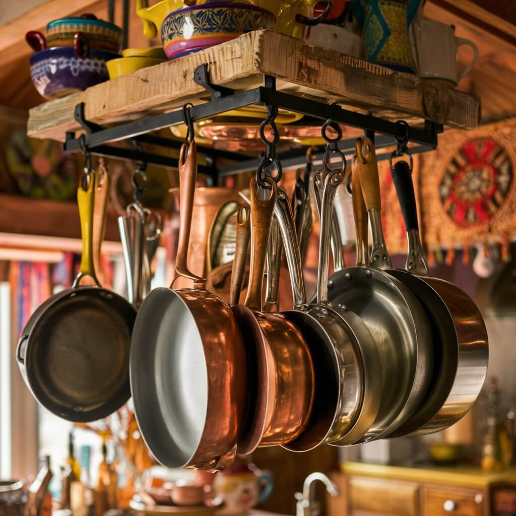 a close-up shot of In the heart of a bohemian kitchen, a charming pot rack takes center stage. It's adorned with an eclectic array of pots and pans, each with its own story and character. Copper and cast iron skillets dangle alongside stainless steel saucepans, their surfaces gleaming in the warm, ambient light. The pot rack, crafted from reclaimed wood and wrought iron, adds a rustic yet artistic touch to the space. Colorful ceramics and patterned textiles enhance the vibrant, free-spirited atmosphere, creating a cozy and inviting culinary haven.