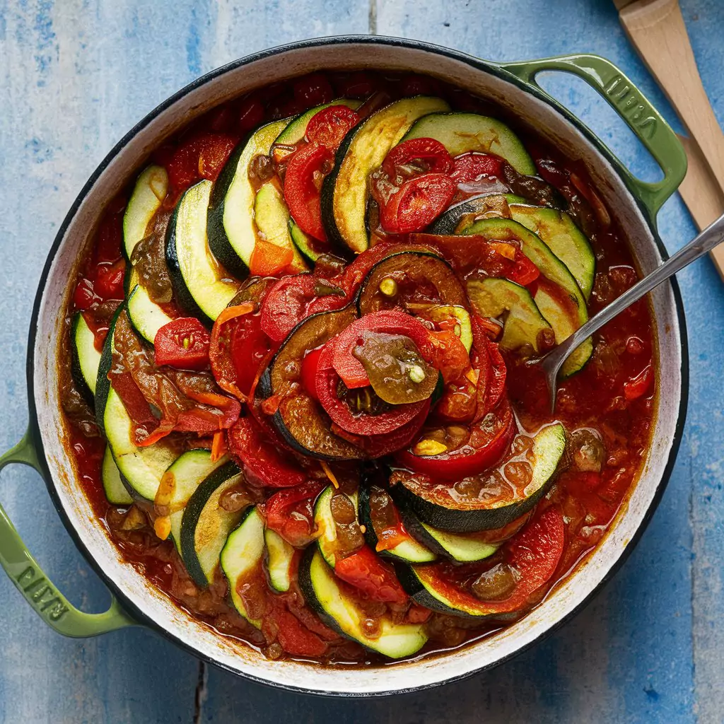 Ratatouille: A rustic dish of layered sliced vegetables like zucchini, eggplant, and tomatoes.