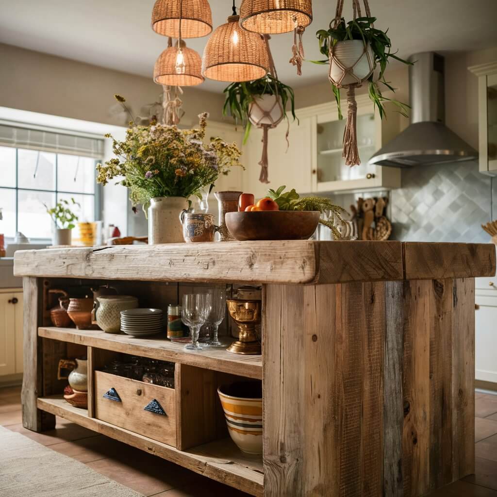 a close-up shot of A rustic kitchen island is the focal point of this bohemian kitchen, exuding charm and character. The island is made from reclaimed wood, with a weathered surface that reveals the natural grain and texture, adding warmth to the space. The base features open shelving and drawers with vintage-style metal handles, perfect for storing kitchen essentials and displaying eclectic collections of ceramics and glassware.

Above the island, a cluster of pendant lights with woven rattan shades hangs from the ceiling, casting a soft, warm glow. Macramé plant hangers with trailing greenery add a touch of nature and reinforce the bohemian aesthetic. The countertop is adorned with a vase of wildflowers, a collection of colorful, hand-painted pottery, and a wooden bowl filled with fresh fruit.

The surrounding bar stools are an eclectic mix, featuring different styles and materials, such as a distressed metal stool, a wicker stool with a cushion, and a hand-carved wooden stool, each adding to the unique and relaxed atmosphere. The backdrop includes a backsplash of colorful, patterned tiles and open wooden shelves displaying more plants, books, and vintage kitchen items.

This rustic kitchen island, with its blend of natural materials and bohemian decor, creates a cozy and inviting space that feels both lived-in and stylish.