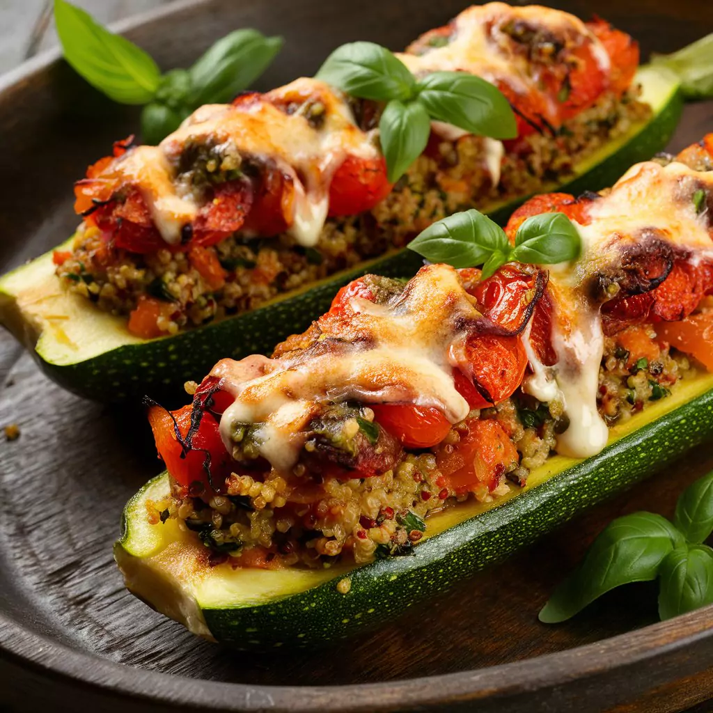 A delectable and appetizing image of stuffed zucchini boats, featuring halved zucchinis overflowing with a vibrant mix of quinoa, colorful tomatoes, and gooey cheese. The zucchinis are roasted to perfection, with a touch of golden-brown, allowing the savory aroma to waft through the air. The dish is served on a rustic wooden platter, with a sprinkle of fresh basil leaves adorning the top.