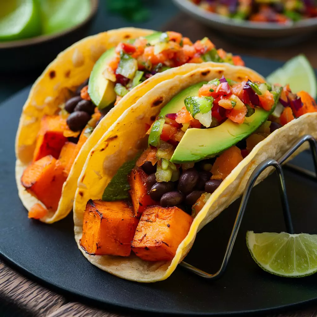 A tantalizingly delicious photo of sweet potato tacos. The soft, warm corn tortillas are filled with tender, roasted sweet potato cubes, accompanied by a generous serving of black beans and a vibrant medley of vegetables. Topped with creamy avocado slices and a zesty, colorful salsa, these tacos create a mouthwatering fusion of flavors and textures. A lime wedge adds a burst of freshness to complete this delectable meal.