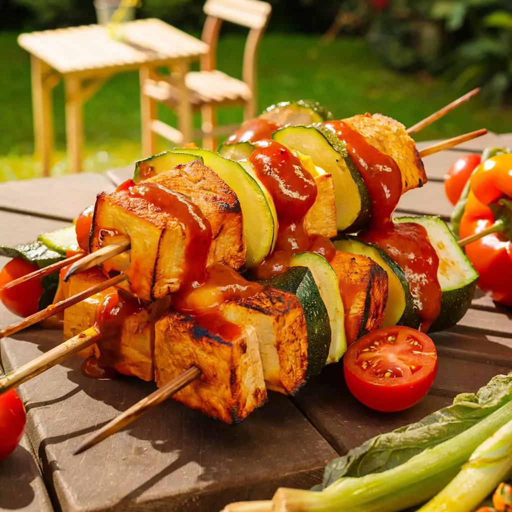 A delectable BBQ spread featuring golden-brown tofu skewers generously drizzled with sweet and tangy BBQ sauce. The skewers are adorned with an array of vibrant vegetables, including bell peppers, zucchini, and cherry tomatoes. The scene exudes a warm, summer vibe, with a simple wooden table and chairs set in a lush, green garden. The sunlight casts a warm glow over the scene, making the food look even more appetizing.