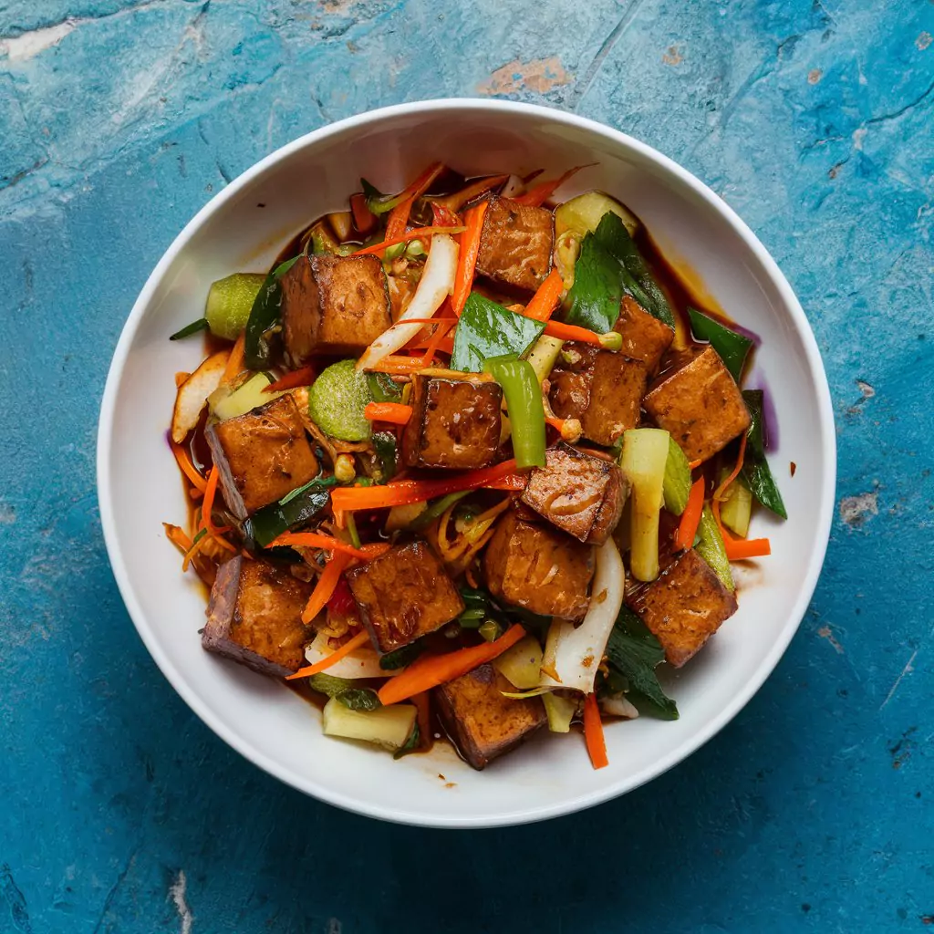 Tofu Stir-Fry: A colorful stir-fry with a brown color tofu looking like beef and a mix of vegetables.