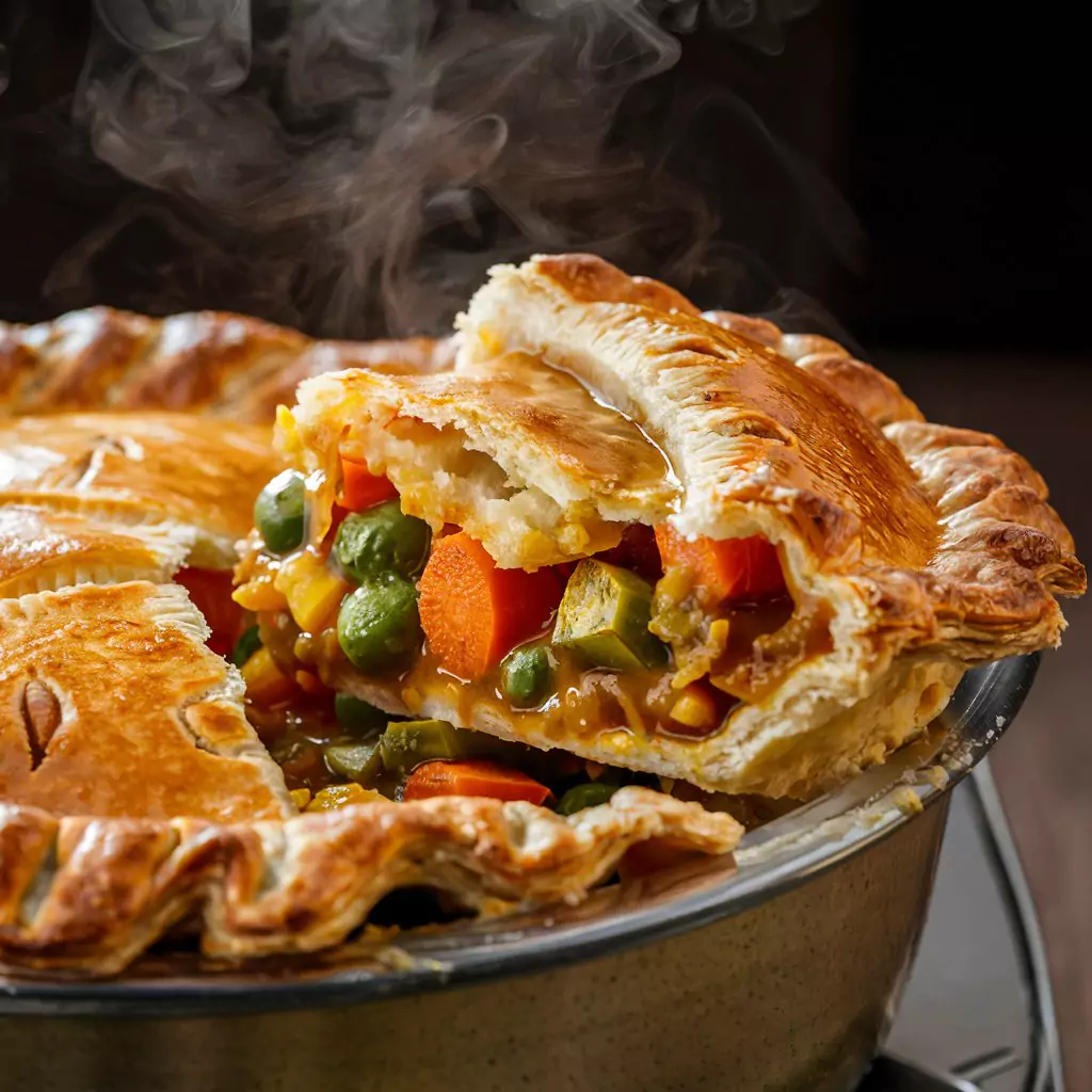 A mouthwatering photo of a perfectly baked vegetable pot pie. The golden-brown flaky crust is adorned with delicate patterns, inviting the viewer to take a bite. The filling is a rich blend of vibrant vegetables, including carrots, peas, and corn, all nestled in a hearty, flavorful sauce. Steam rises from the piping hot pie, filling the air with the aroma of a comforting homemade meal.