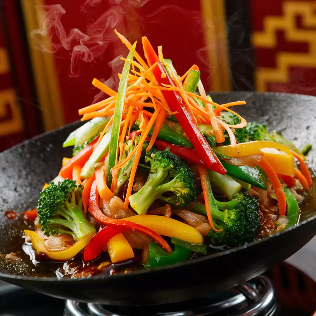 A delectable and vibrant vegetable stir-fry dish, bursting with color and flavors. Fresh bell peppers, broccoli florets, and julienned carrots are artfully arranged in a sizzling hot wok, with a tantalizing blend of sauces and spices creating a mouth-watering aroma. The background showcases an Asian-inspired setting, with red and gold accents and a hint of steam rising from the dish, inviting the viewer to indulge in this culinary delight.