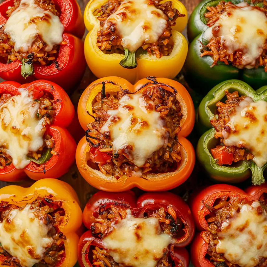 A delectable and appetizing photo of stuffed bell peppers, bursting with color and flavor. The bell peppers, in various colors like red, yellow, and green, are filled to the brim with a delicious-looking mixture of seasoned rice and vegetables, creating a perfect harmony of textures and tastes. The peppers are topped with a generous layer of melted cheese, creating a golden brown crust that adds a rich, savory touch to the dish. The overall presentation is mouthwatering and inviting, making it hard to resist digging in.