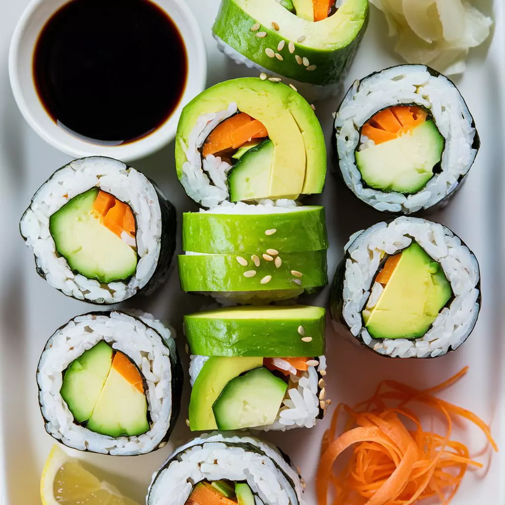 A visually appealing plate of veggie sushi rolls, featuring perfectly sliced avocado, fresh cucumber, and vibrant carrot as the main ingredients. The sushi rolls are wrapped in a thin layer of sushi rice and seaweed, with a touch of sesame seeds sprinkled on top. A small dish of soy sauce accompanies the platter, along with a side of pickled ginger and a few slices of lemon for garnish. The overall presentation is clean and appetizing, making the veggie sushi rolls irresistible.