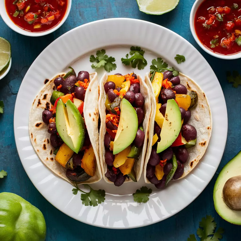 Veggie Tacos: Tacos filled with seasoned beans, roasted vegetables, and your favorite toppings like avocado and salsa.