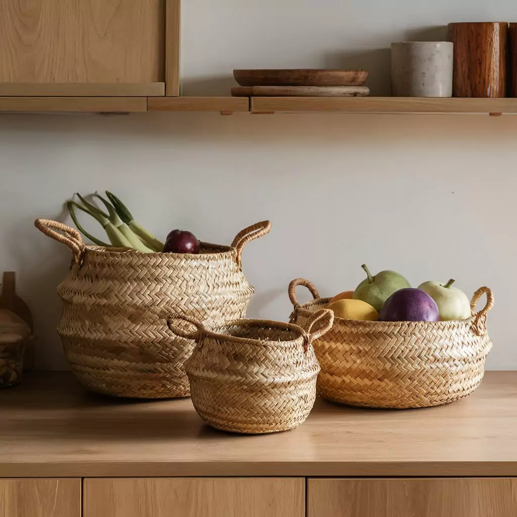 Image of woven baskets used for storing fruits and vegetables on a bohemian kitchen counter.