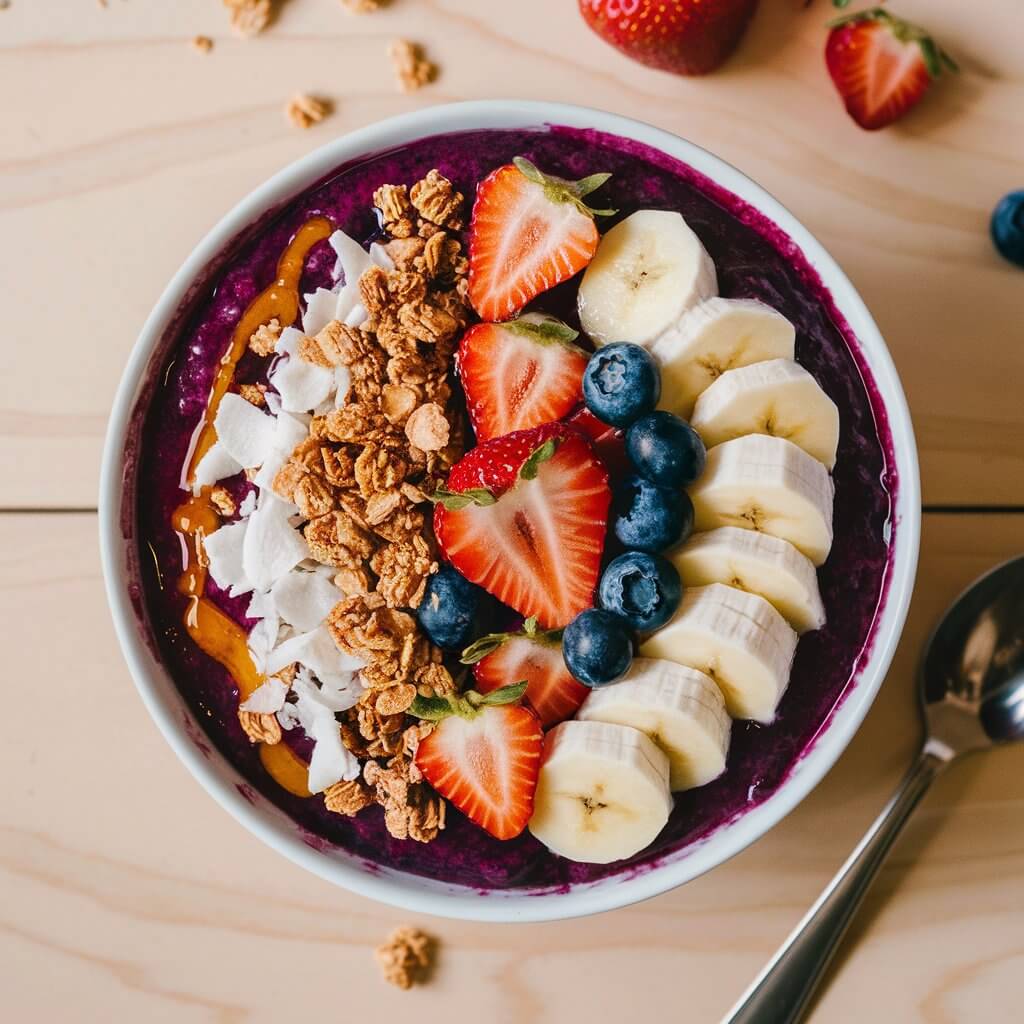 A vibrant acai bowl with a deep purple base, topped with an assortment of fresh fruits including sliced strawberries, blueberries, and banana. The bowl also features granola, coconut flakes, and a drizzle of honey. The bowl is placed on a light wooden table with a spoon and a few scattered fruits around.