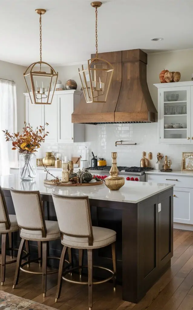 Gold and bronze candle holders, picture frames, and decorative bowls placed around the kitchen. These metallic accents add a touch of glamour to the fall decor.