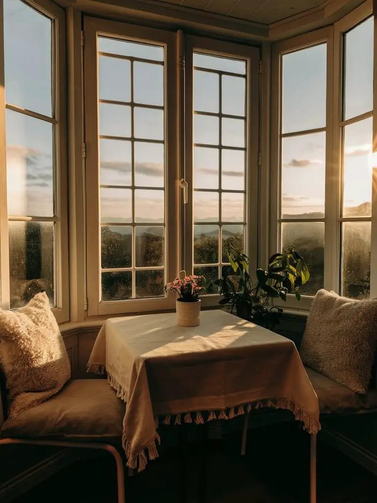 A cozy breakfast nook nestled near a large window with beautiful scenery, offering a perfect spot to enjoy morning coffee. The small table is adorned with a simple yet elegant white tablecloth, and two comfortable chairs with plush cushions invite relaxation. The sun streams through the window, casting warm golden light on the space, while a potted plant adds a touch of natural beauty.